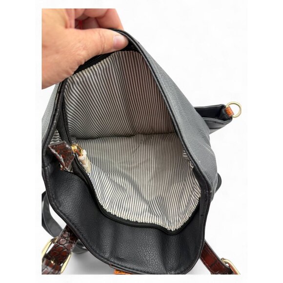 Black Faux Leather Convertible Backpack With Brown Accents & Gold Hardware - Picture 3 of 4